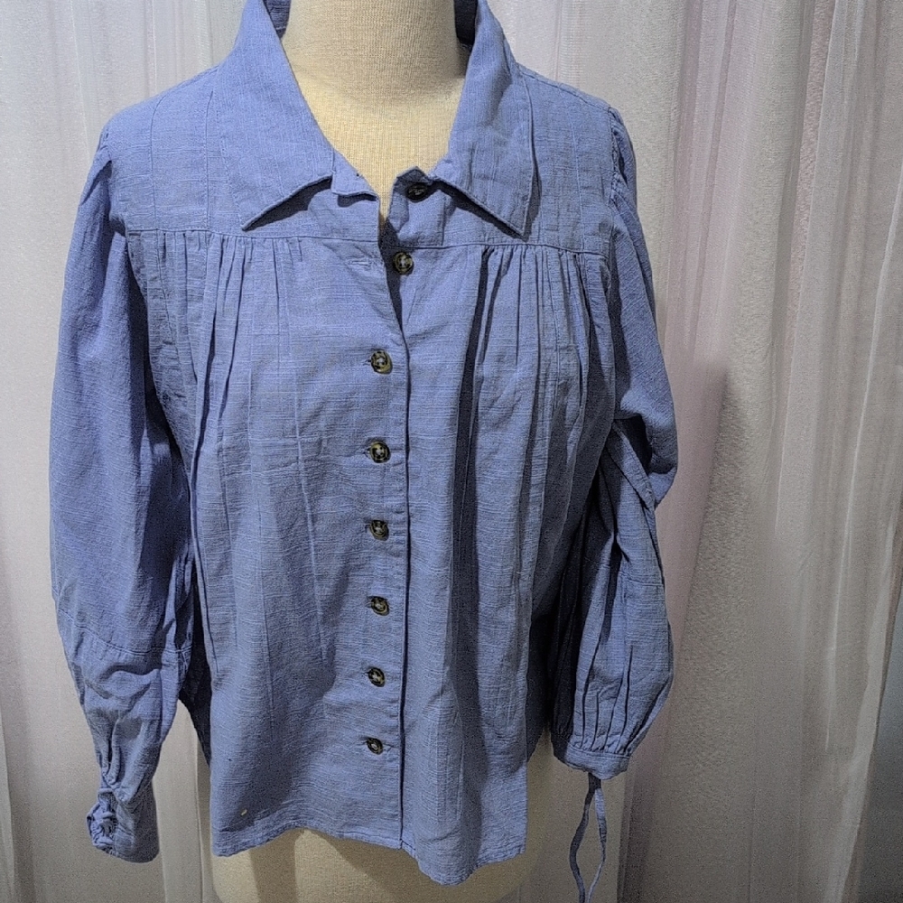 Free People 100% Cotton Blue Long Lace Up Sleeves Blouse Size XS